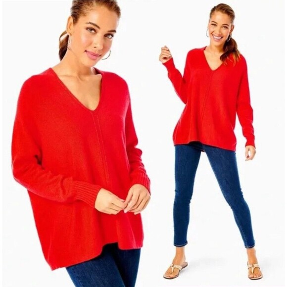 NWT Lilly Pulitzer Size XL Ruby Red Sevie Sweater Dolman Sleeve V-Neck Easy Fit - Picture 1 of 12